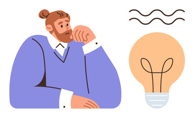 Man resting chin on hand in deep thought, lightbulb representing idea, wavy lines for creativity. Ideal for innovation, creativity, problem-solving, brainstorming, inspiration, intellectual