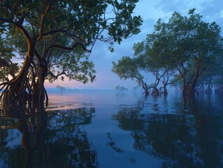 Obraz premium Mangrove trees in tranquil water reflecting