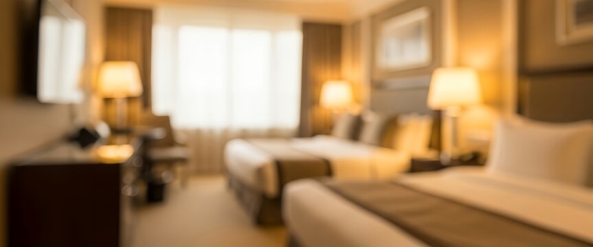 A fully blurred luxury hotel room with golden lighting, elegant silhouettes, and smooth gradients forming a warm, upscale interior background with soft haze and refined tones. - Powered by Adobe