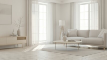 A fully blurred Scandinavian living room with soft daylight, pale wood tones, and gentle...