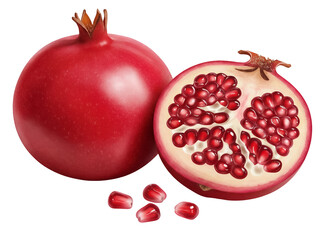 Ripe pomegranate fruit isolated PNG, whole and halved with seeds on transparent background, healthy eating and antioxidant source
