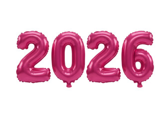 Magenta 2026 number balloons PNG isolated on transparent background, festive decoration for New Year and birthday party