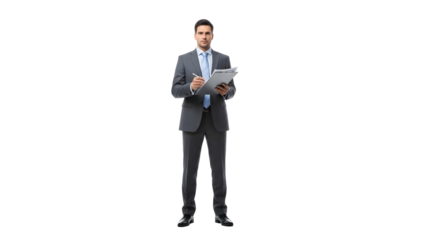 Confident businessman in a suit holding a clipboard and pen, ready to make notes