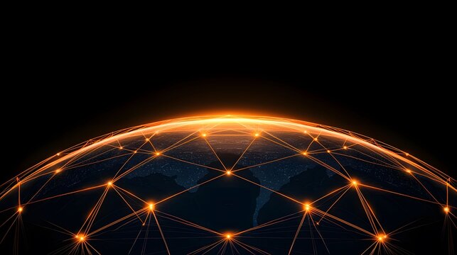 The image features a dark globe illuminated by an orange network of interconnected lines, suggesting global connectivity against a stark black background.