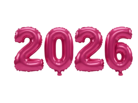 Magenta 2026 number balloons PNG isolated on transparent background, festive decoration for New Year and birthday party