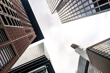 Frankfurt’s finance district illustrated through modern corporate architecture surrounding a sleek skyscraper that conveys stability, growth and a future-oriented skyline