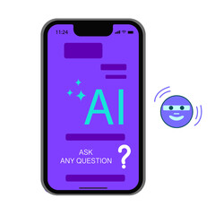 Chat bot robot speech internet. AI service mobile isolated app. Ask question to AI. Artificial intelligence assistance. Digital conversation. Vector
