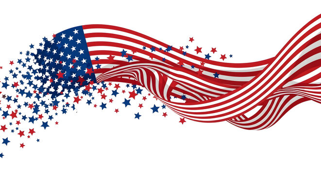 Dynamic waving american flag design with dissolving stars, usa patriotic symbol