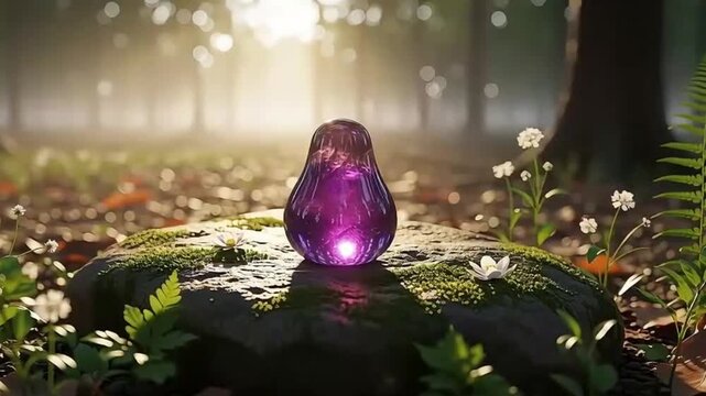 Mystical Yoni Symbol glowing in serene forest light, an ethereal spiritual stone