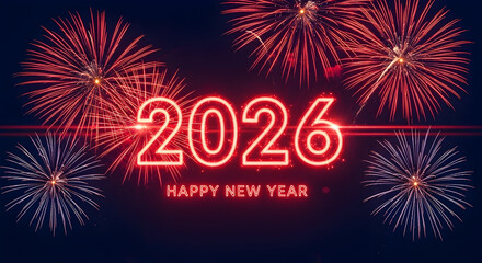 Happy new year 2026 text with vibrant fireworks display and festive glow