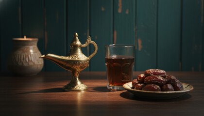 Traditional golden ornate oil lamp with dates and tea for an Iftar meal sits on a wooden table in a warm, atmospheric setting for a holy month celebration