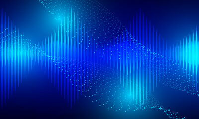 blue dot lines particle with wave lines frequency cyberspace with neon light abstract background