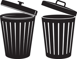 Two black trash cans with open lids silhouette
