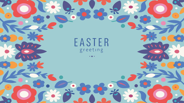 Charming floral border frames the words easter greeting in a light blue background with a folk art inspired design and vibrant colors