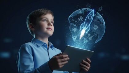Curious young boy holding a tablet projects a glowing blue hologram of a rocket launching from a digital globe with business and technology icons on a dark background