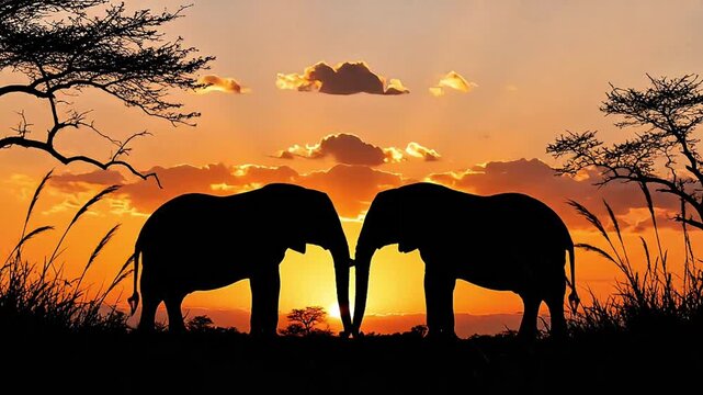 Silhouettes of two African elephants touching trunks in the savanna during a vibrant sunset or sunrise.