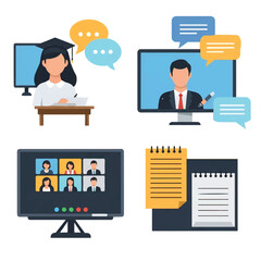 Online Education and Video Conference Flat Vector Illustration Set