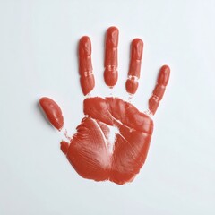 Striking terracotta handprint on a pristine white surface. The paint's texture distinctly reveals every unique palm line and finger detail.