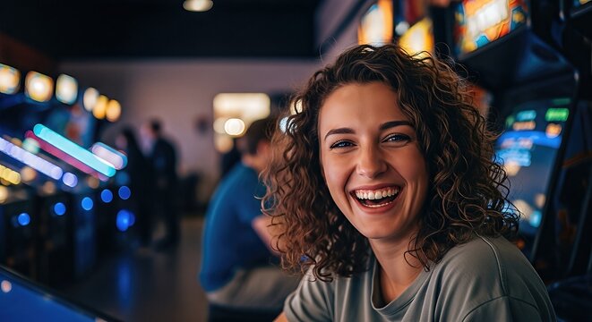 Smiling woman with curly hair enjoying arcade games in a vibrant gaming center, surrounded by colorful machines and a lively atmosphere, capturing the joy of recreational gaming