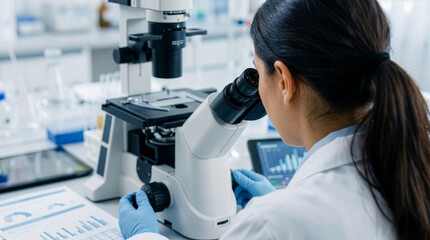 A female scientist looking through a microscope in laboratory