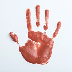Vibrant reddish-brown handprint made with thick glossy paint pressed firmly onto a pure white surface showing distinct fingers and palm lines.