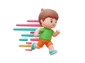 Cartoon boy running fast isolated PNG on transparent background, 3D render of kid jogging with motion lines for animation and design