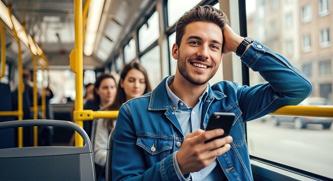 Young man with stylish hair, wearing denim jacket, is smiling while using smartphone on public bus, surrounded by fellow passengers enjoying their commute