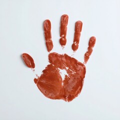 A vivid reddish-brown handprint, thick with paint, stands out against a crisp white backdrop. Distinct palm and finger lines are clearly visible.