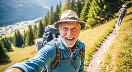 Senior man with gray beard and backpack smiles joyfully while hiking on a scenic mountain trail surrounded by lush greenery and distant village view, showcasing outdoor adventure spirit