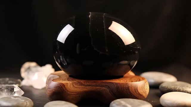 A polished black obsidian yoni egg resting on a wooden base for spiritual wellness practices