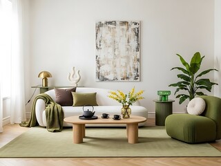 Beautiful modern living room with elegant white sofa cozy green armchair and minimalist wooden furniture