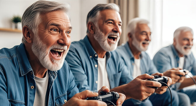 Group of joyful senior men playing video games together, showcasing excitement and camaraderie in a cozy living room with bright natural light and comfortable seating - Powered by Adobe