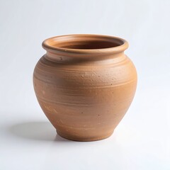 Rustic unglazed terracotta pot with a wide rim and visible horizontal lines, casting a soft shadow on white.
