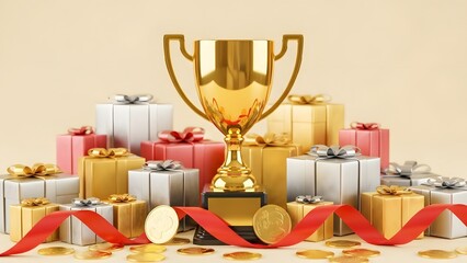 Golden Trophy with Christmas Gifts and Baubles