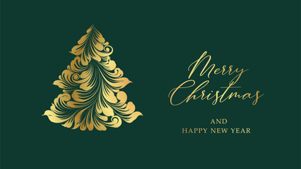 Christmas greeting card. Ornament fir tree new year background.