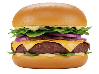 Delicious burger with cheese and vegetables isolated PNG, appetizing fast food on transparent background for restaurant menu and takeout