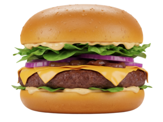 Delicious burger with cheese and vegetables isolated PNG, appetizing fast food on transparent background for restaurant menu and takeout