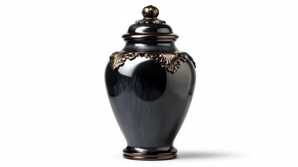 Elegant black urn with ornate lid and decorative trim, suitable for memorial and decorative purposes in various settings