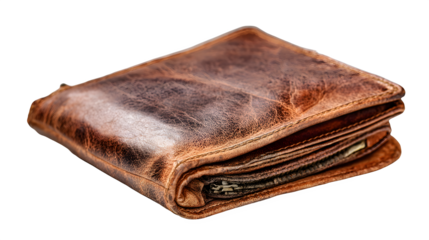 Close up shot of a brown leather wallet filled with money on a black background in studio lighting