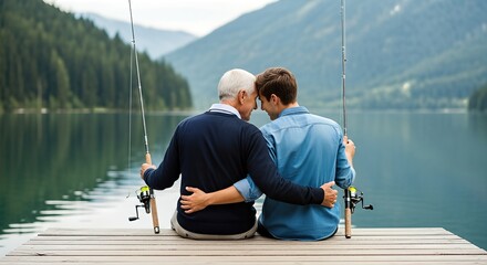 Senior man and young adult male fishing together on a serene lake dock, enjoying quality time in nature, surrounded by lush green mountains and calm waters, creating a peaceful atmosphere