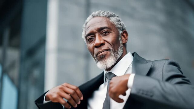 Distinguished older man smiling confidently in a tailored suit against a modern urban backdrop during daylight hours