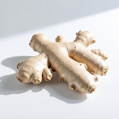 Fresh light-colored ginger root with a distinctive knobbly texture rests on a clean white surface illuminated by strong directional light creating sharp shadows.