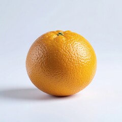 A perfectly ripe, vibrant orange displaying its characteristic textured peel and a small green nub, centered against a clean light backdrop with soft shadows.