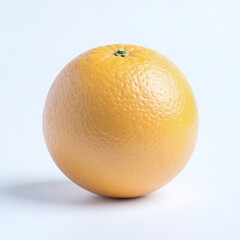 A vibrant, perfectly round citrus fruit in a warm orange hue, detailed with a dimpled skin and a small green stem, set against a bright white background.