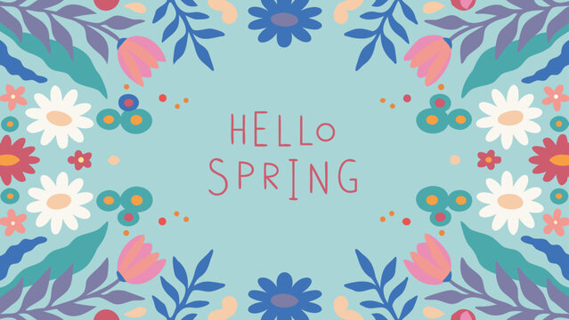 A vibrant and cheerful floral border frames the words hello spring in a playful font against a soft blue background celebrating the season s arrival with colorful blossoms and leaves