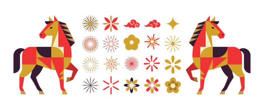 Abstract geometric horse illustration and chinese new year celebration symbols vector set