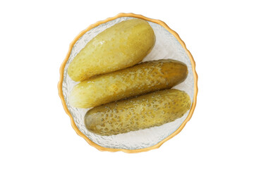 Pickles in plate isolated on white background. Top view of gherkin. Fermented cucumbers and healthy eating.