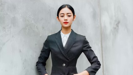 Young professional woman standing confidently against a gray wall in a stylish black suit during a sunny afternoon
