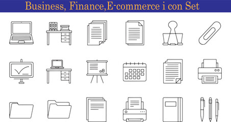 Business Finance and Ecommerce Icon Set for Office and Marketing Design Projects and Presentations Outline Style for Easy Customization
