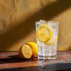 Glass of refreshing lemonade and water with lemon slice